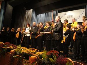 Nach dem großen Finale stehen die Chorleiter aller beteiligten Chöre gemeinsam auf der Bühne